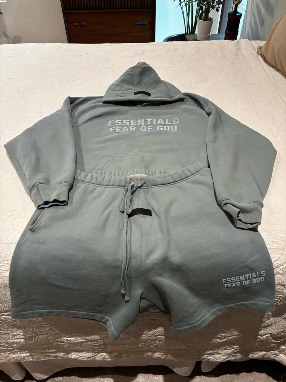 ESSENTIALS Fear of God Sage Green Hoodie (L) and Shorts (M)